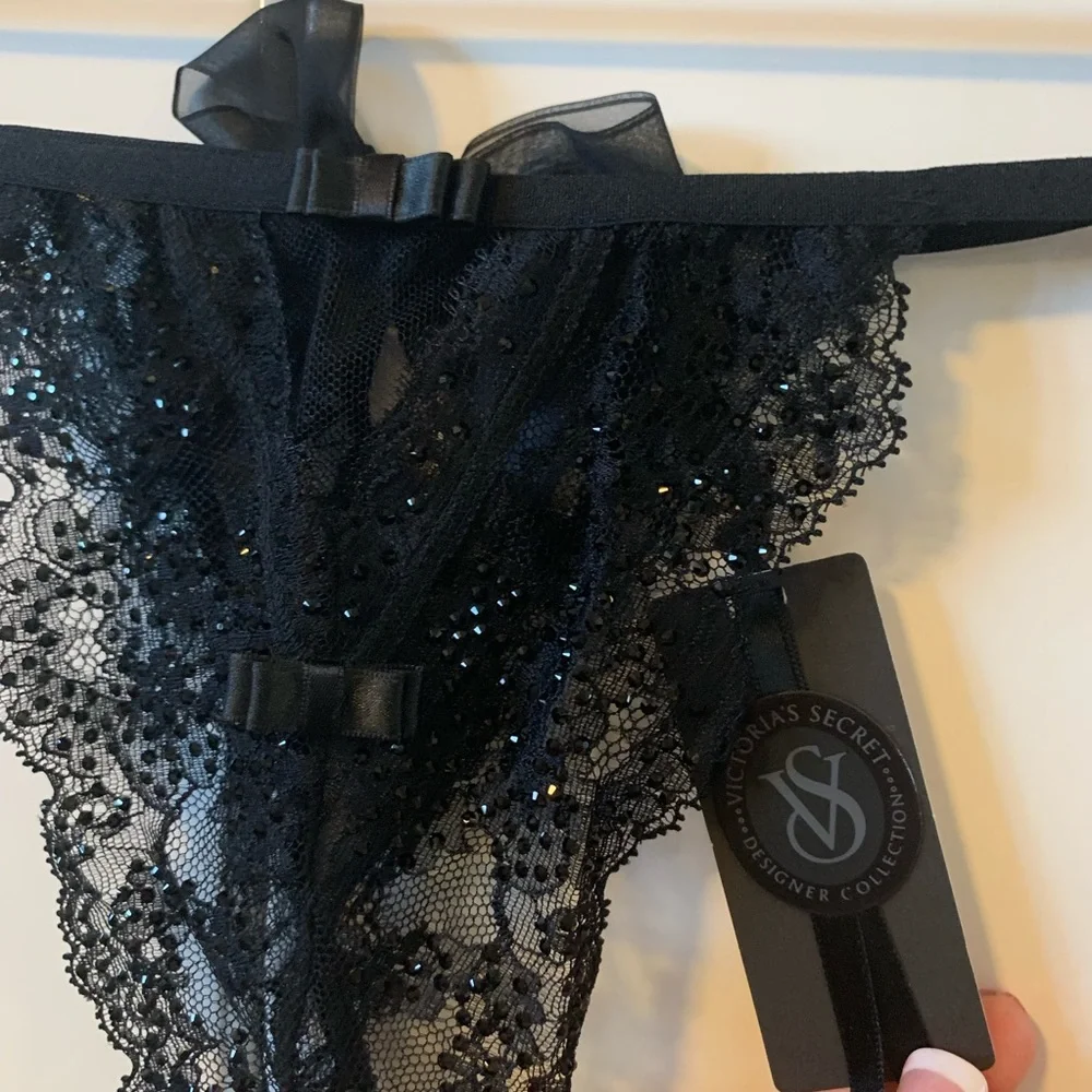 Victoria secret collection thong black Swarovsk crystal M G string designer